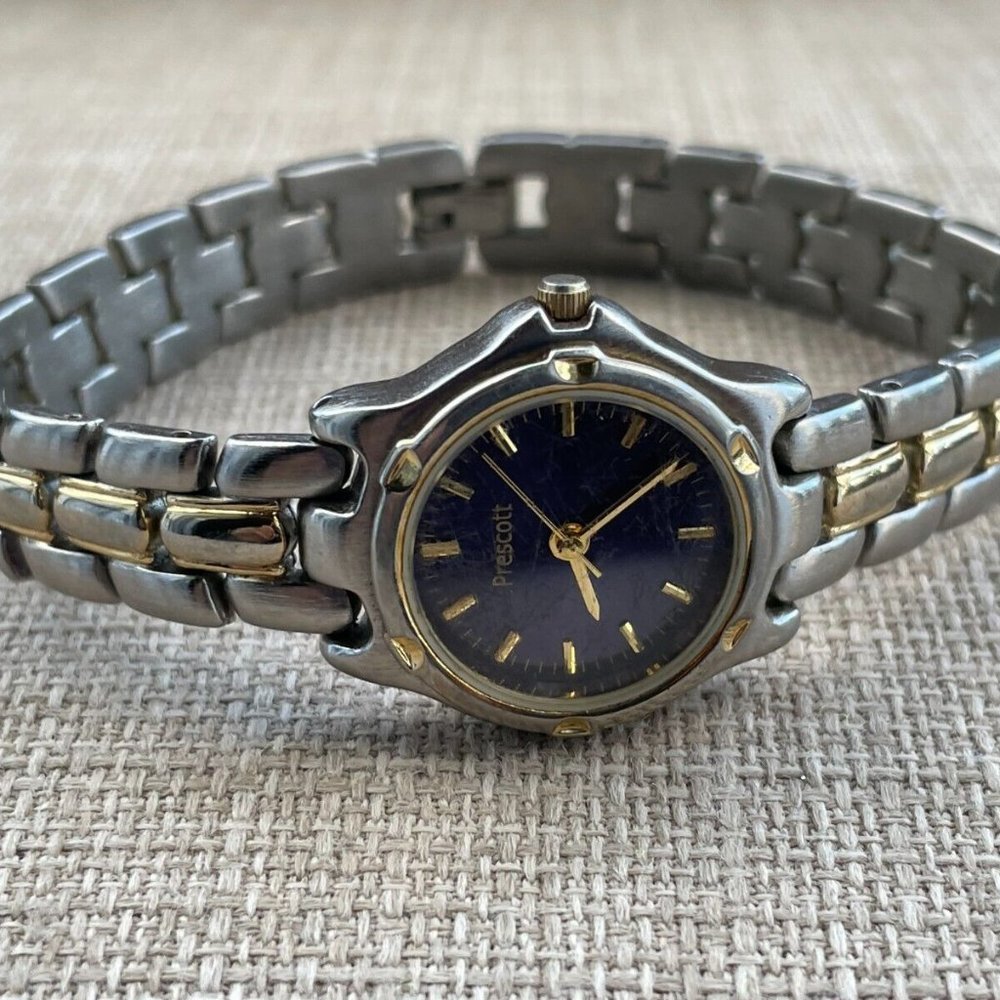 Prescot Ladies Wristwatch Silver/Gold Tone Blue Face Quartz Analog Japan Movt - Picture 5 of 11